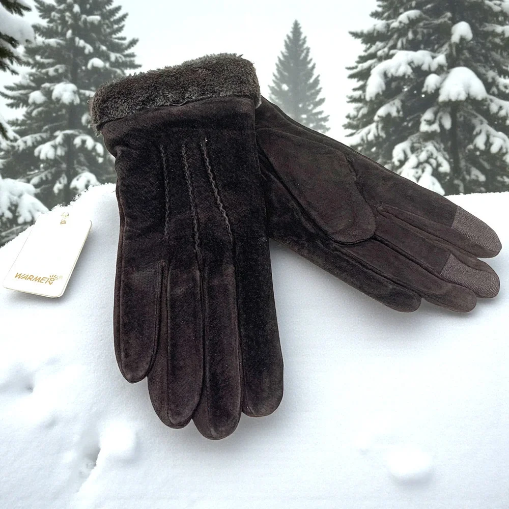 NEW Warmen Women's Brown Suede Fur Trimmed Gloves Sz L Touchscreen Compatible